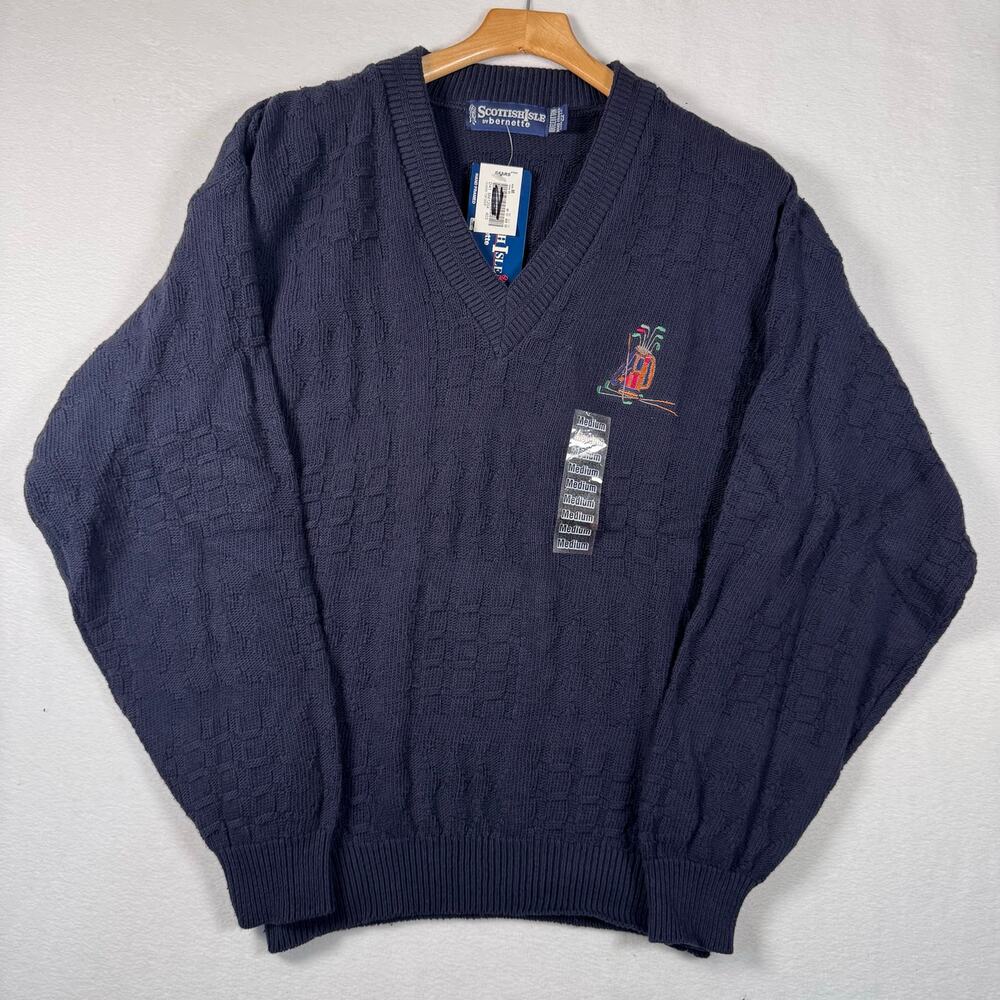 NWT Vintage Scottish Isle Made In USA Embroidered Blue Golf V Neck Sweater sz M